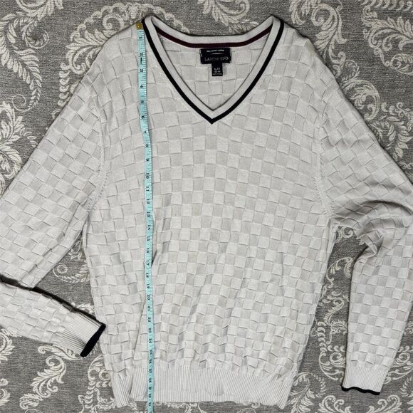 Lands' End Men's V-Neck Sweater LT White Checkered Long Sleeve Pullover - Picture 3 of 7